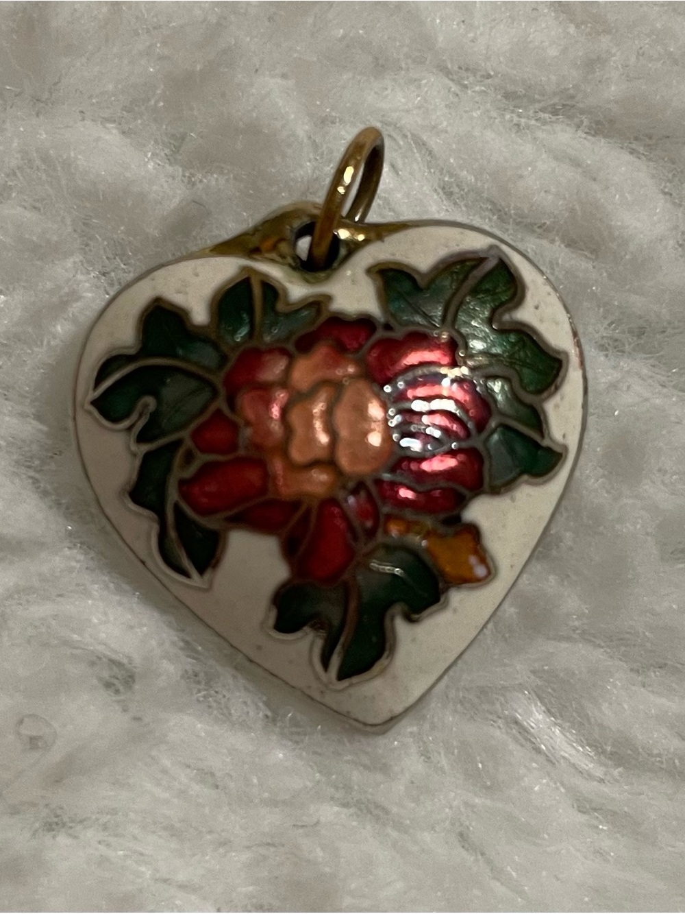 Vintage Heart-Shaped Floral Cloisonné Pendant in White with Red & Green Accents